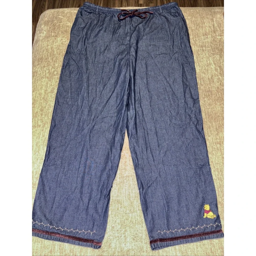 Vintage Disney Winnie The Pooh Velvet Trim Embroidered Cropped Jeans Pants XXL